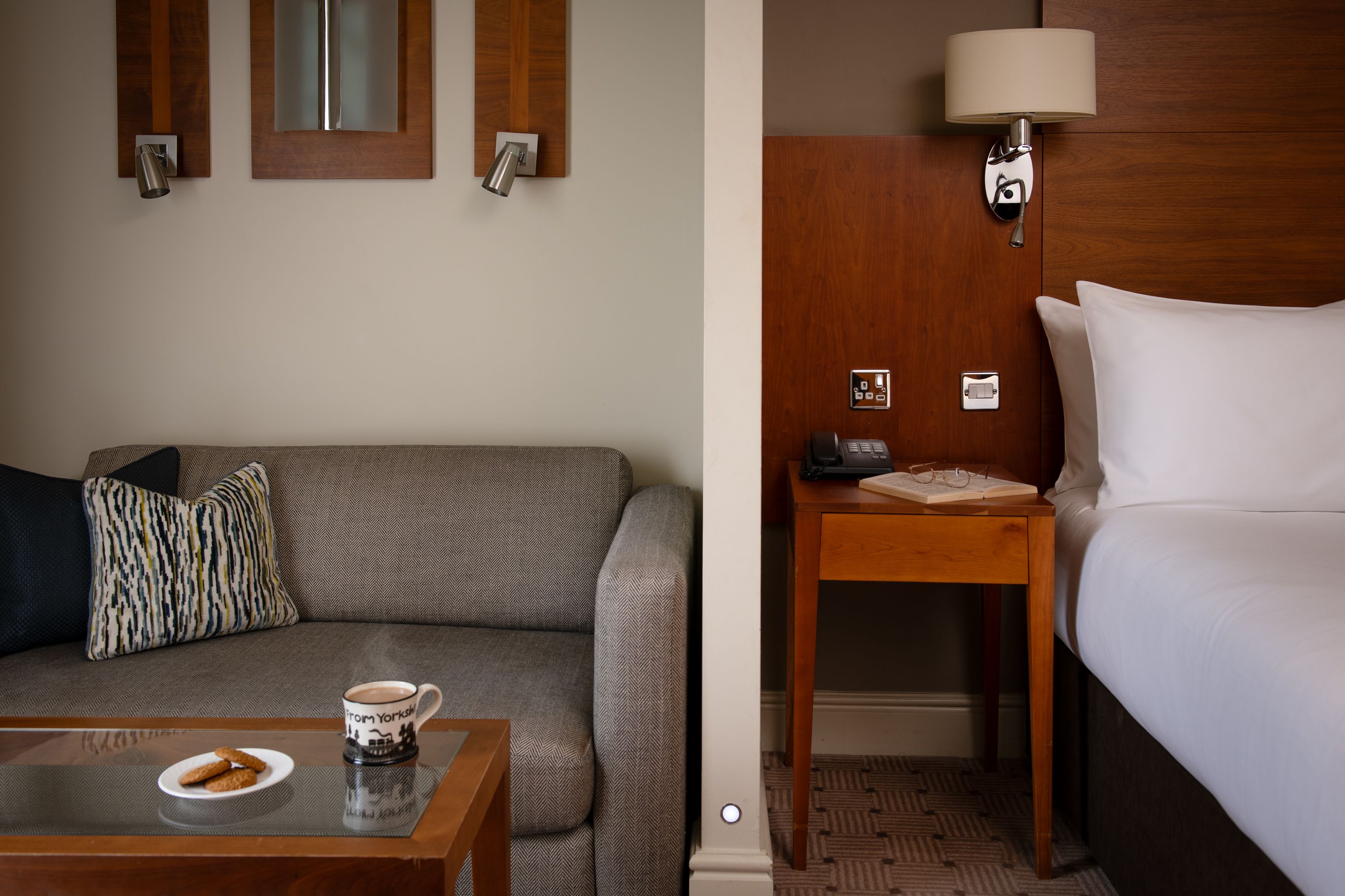 Bedroom features with tea and biscuits