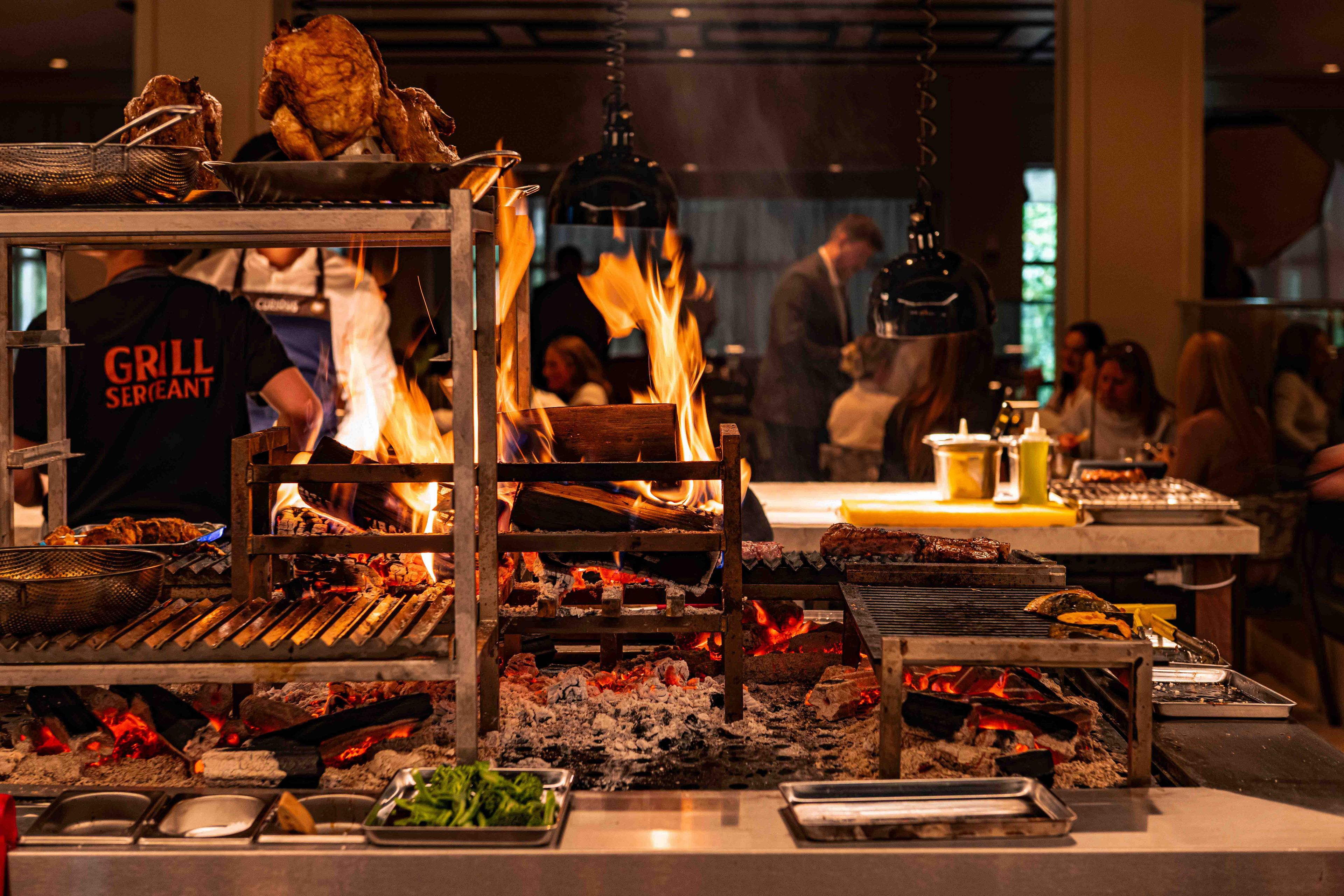 open flame, FYR grill and roasting chicken and steak